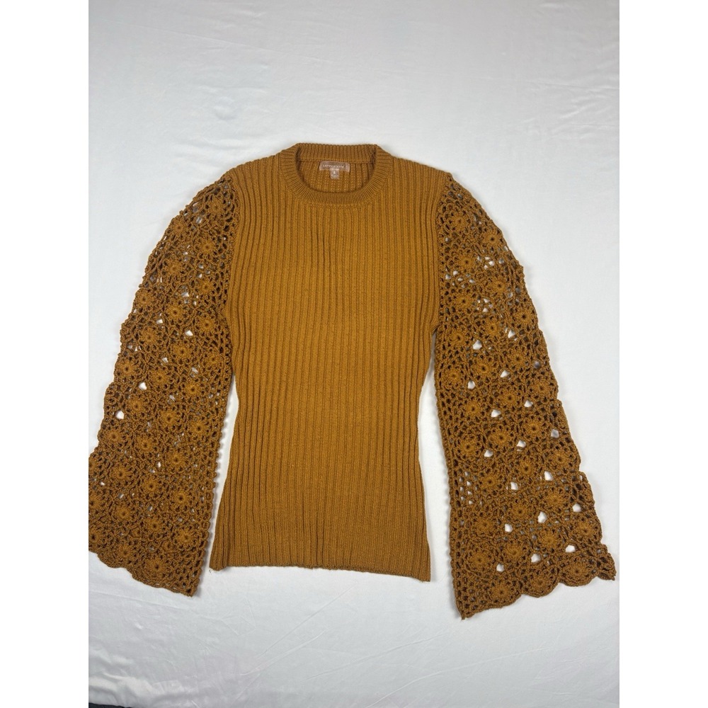 Love Colette Sweater Ladies Large Hippie Crochet Bell Sleeve Mustard Boho